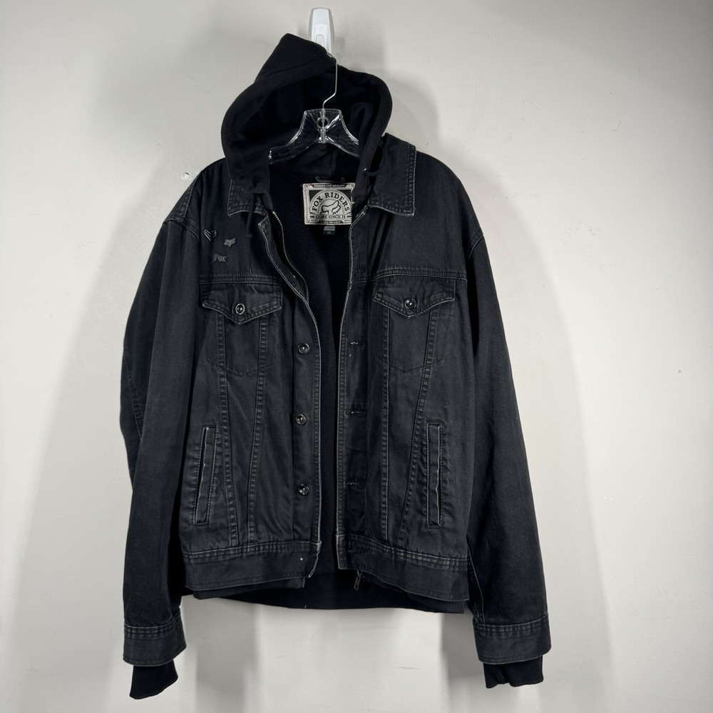 Fox Riders Denim Jean Mx Motorcycle Biker Black Hoodie Trucker Jacket Mens Sz XL